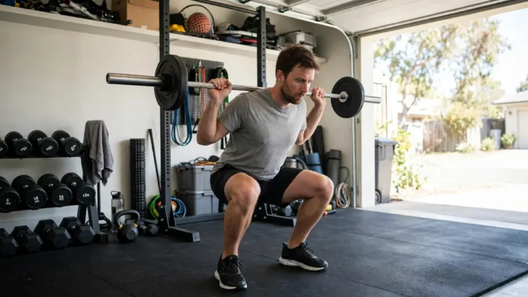 beginner strength training men - man doing a barbell squat in a home gym