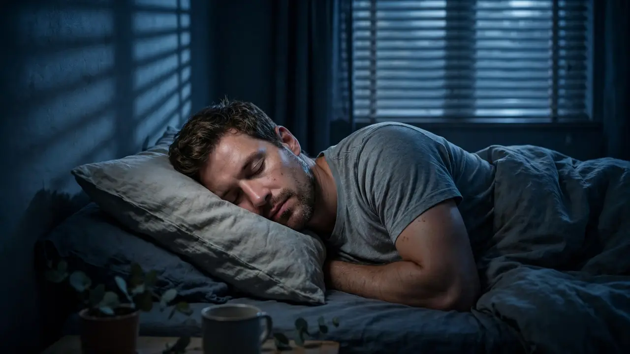 how to sleep better men - man sleeping peacefully in a dark, quiet bedroom