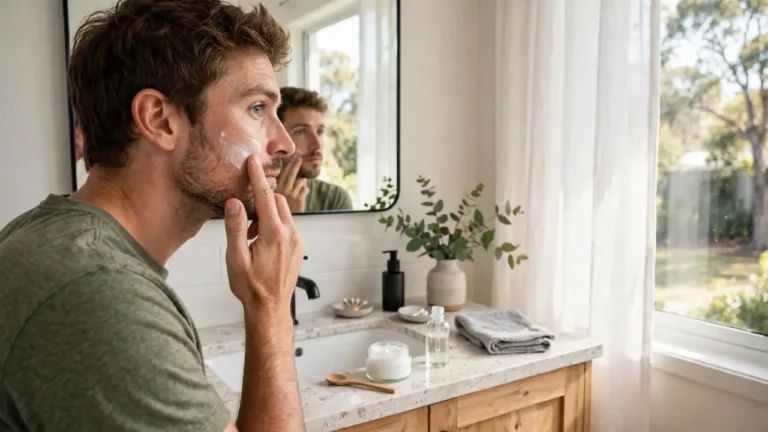 mens skincare routine australia - man applying moisturiser at a bathroom mirror